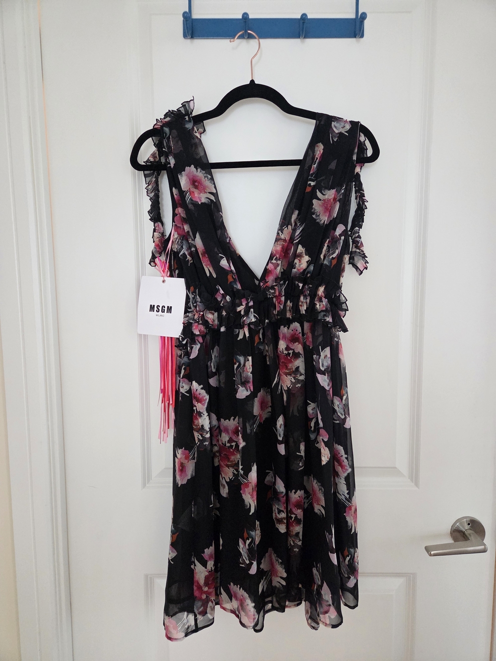 100% Silk MSGM Milano Chiffon Black Pink Floral Ruffle Mini Dress NWT